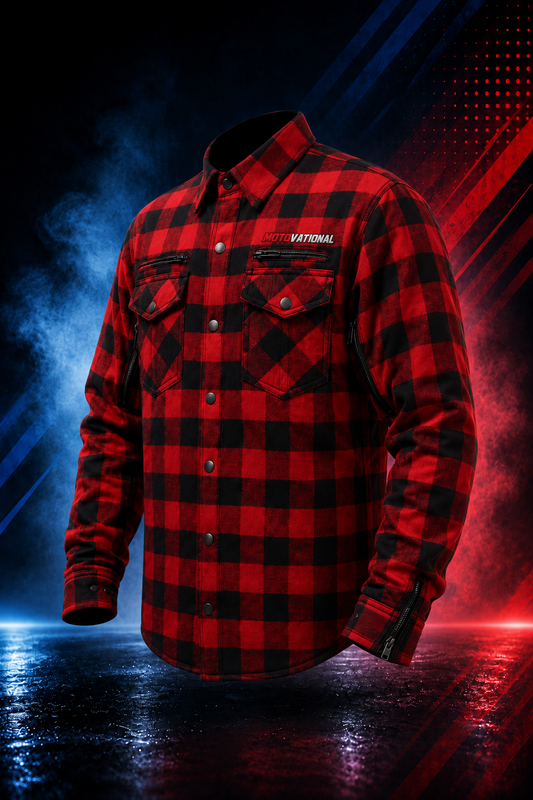 Front three-quarter view of the Motovational Kevlar-lined red and black check flannel shirt, buttoned, with chest logo