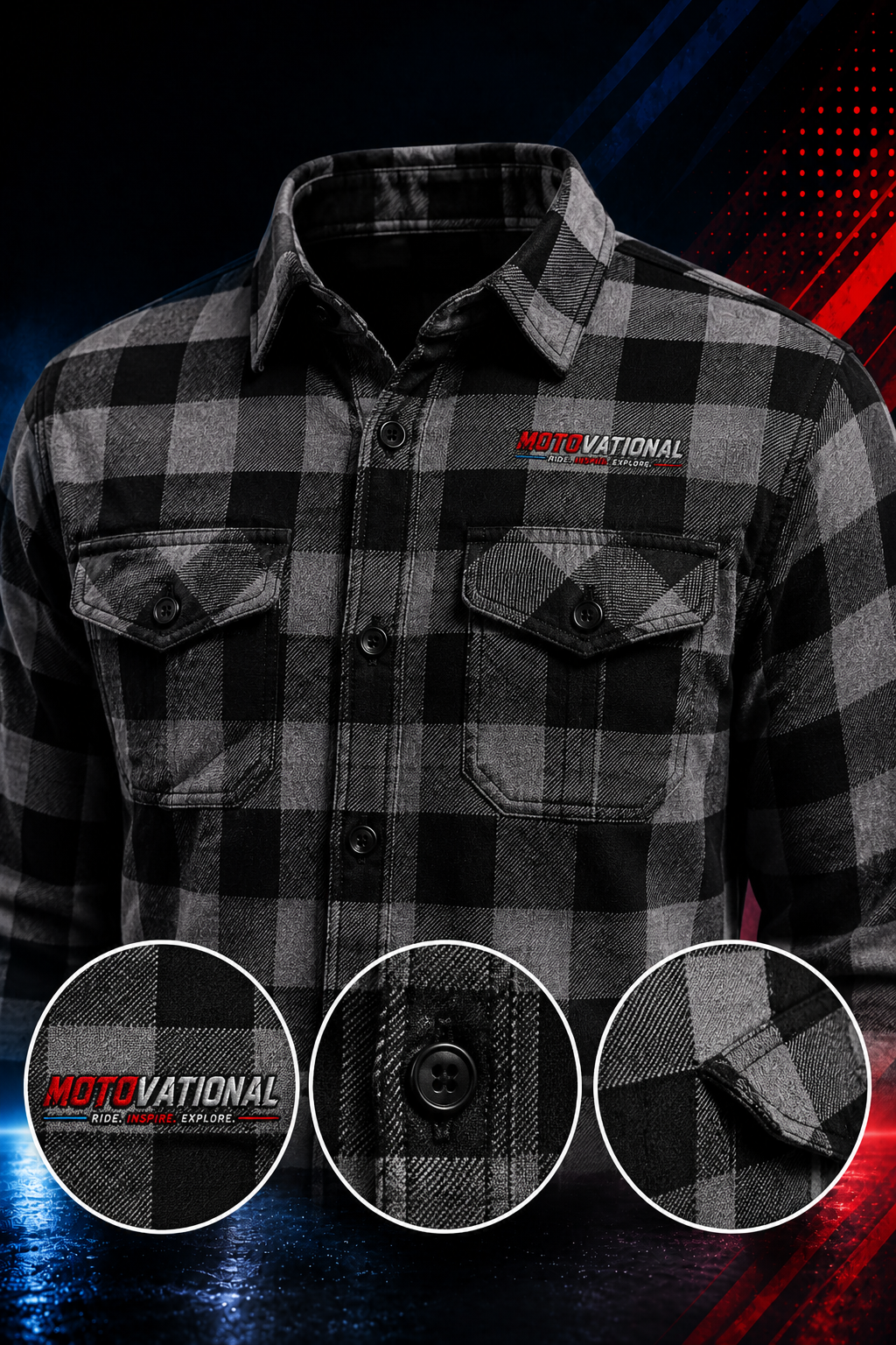 Front close-up of the Motovational Kevlar-lined grey-black flannel shirt with chest logo, two chest pockets and detail insets