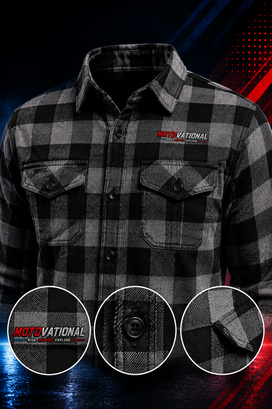 Front close-up of the Motovational Kevlar-lined grey-black flannel shirt with chest logo, two chest pockets and detail insets