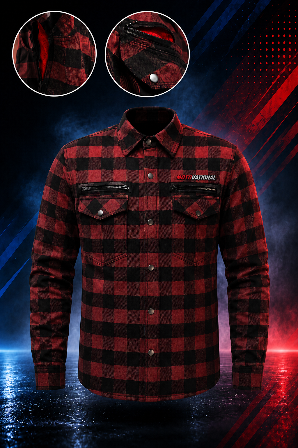 Front view of the Motovational Kevlar-lined red flannel shirt with inset close-ups of the chest pockets and button detail