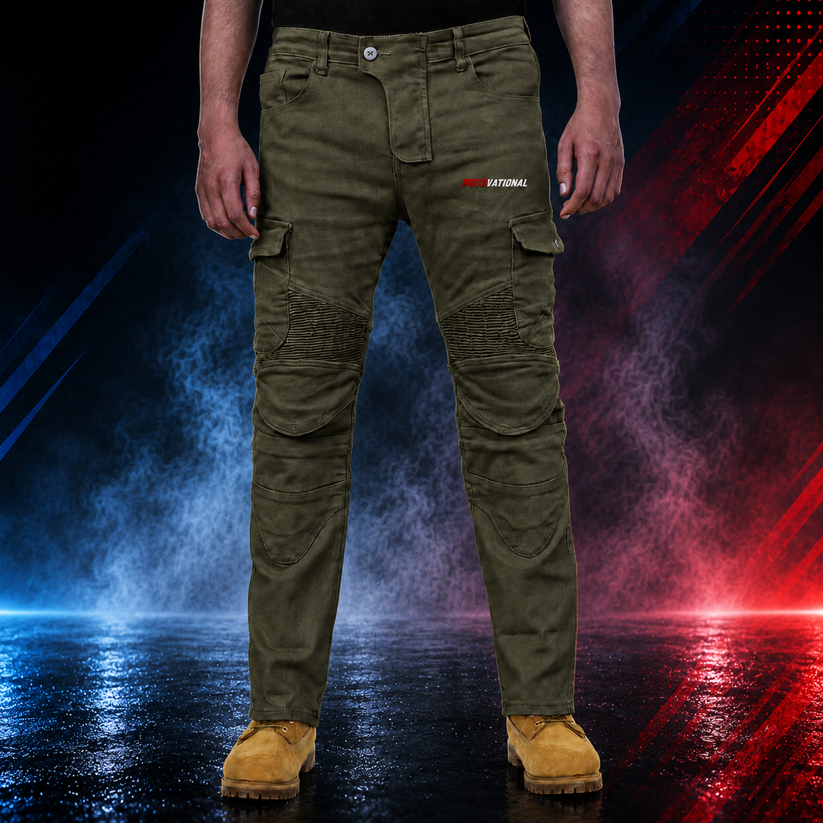 Full-length front view of the Motovational armoured cargo pants in olive green with reinforced knee panels and thigh pockets