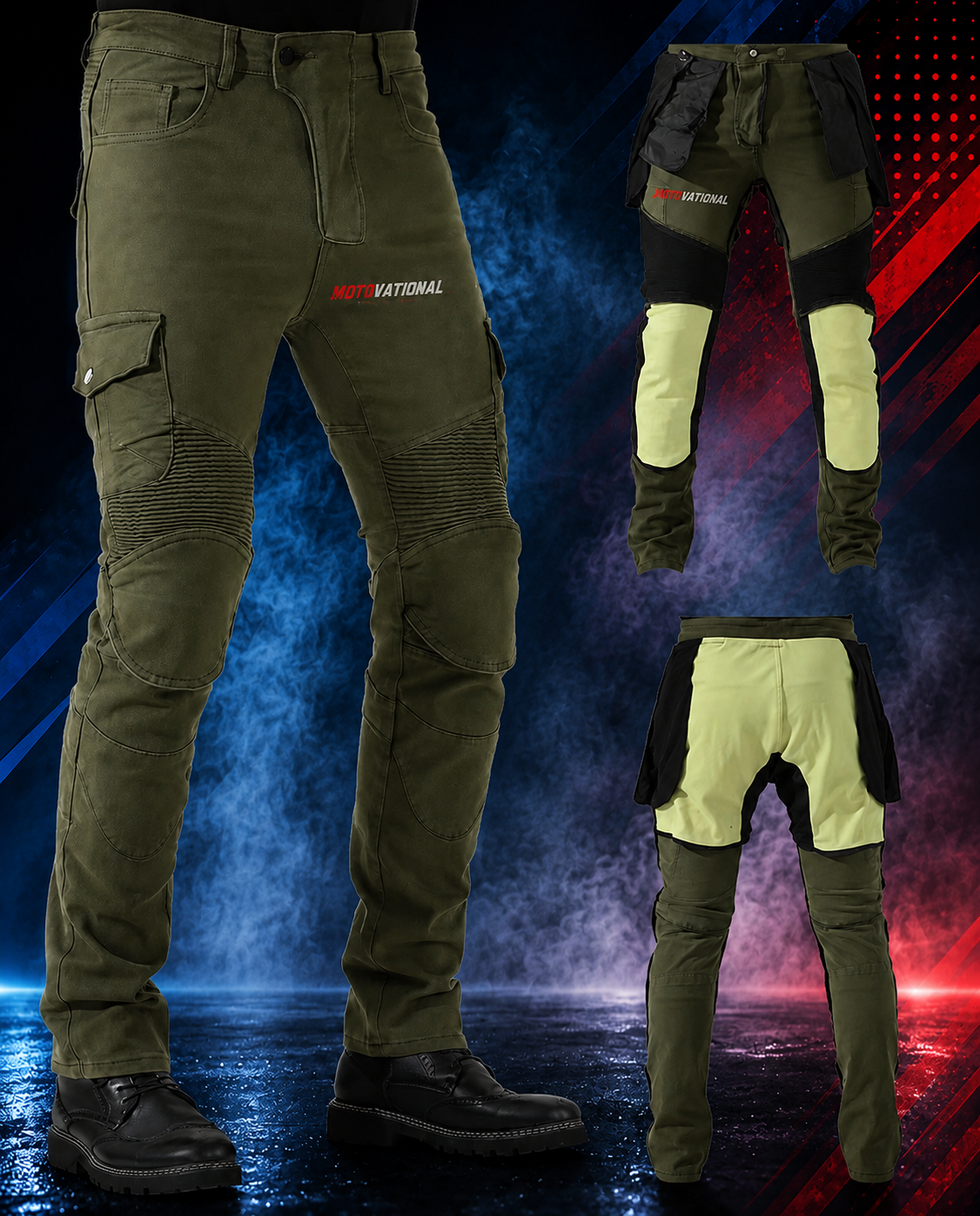 Motovational olive green armoured cargo pants front view beside inside-out views showing the hip and knee armour pockets