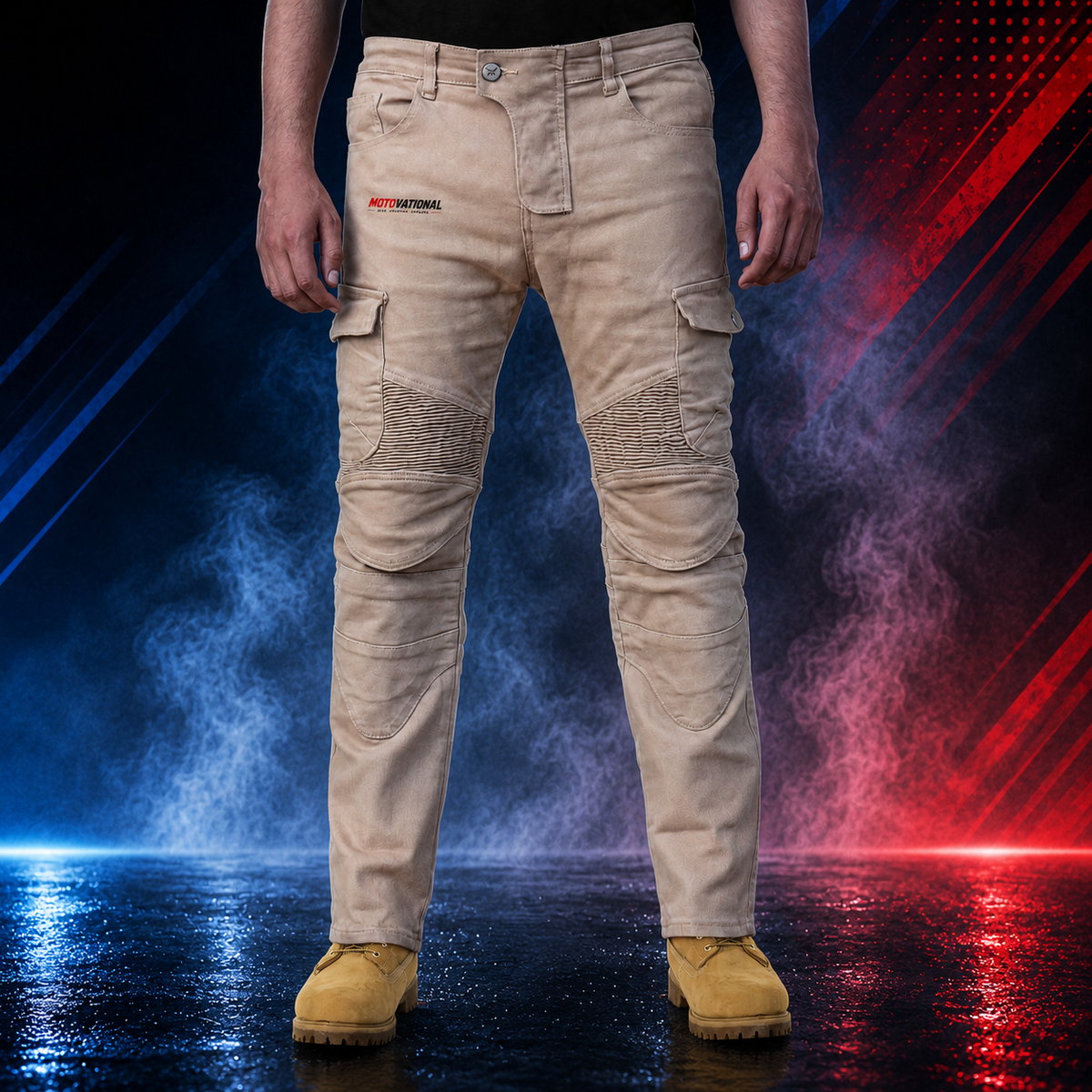 Front view of the sand-coloured Motovational reinforced armoured motorcycle cargo pants worn with tan boots