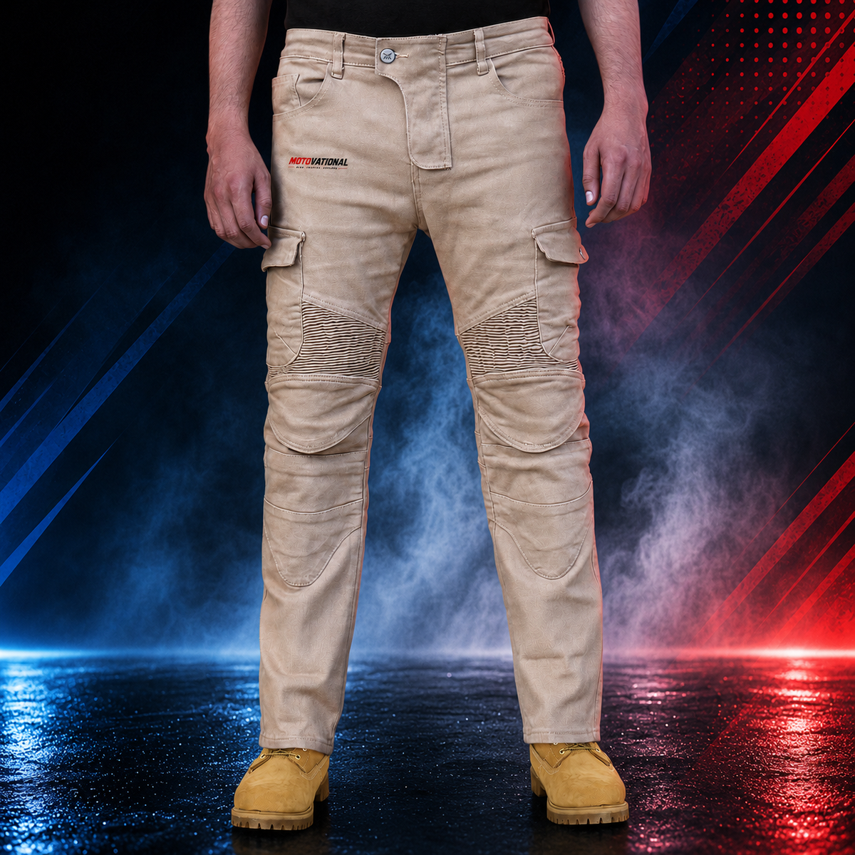 Full-length front view of the Motovational reinforced armoured cargo pants in sand with thigh cargo pockets and knee panels