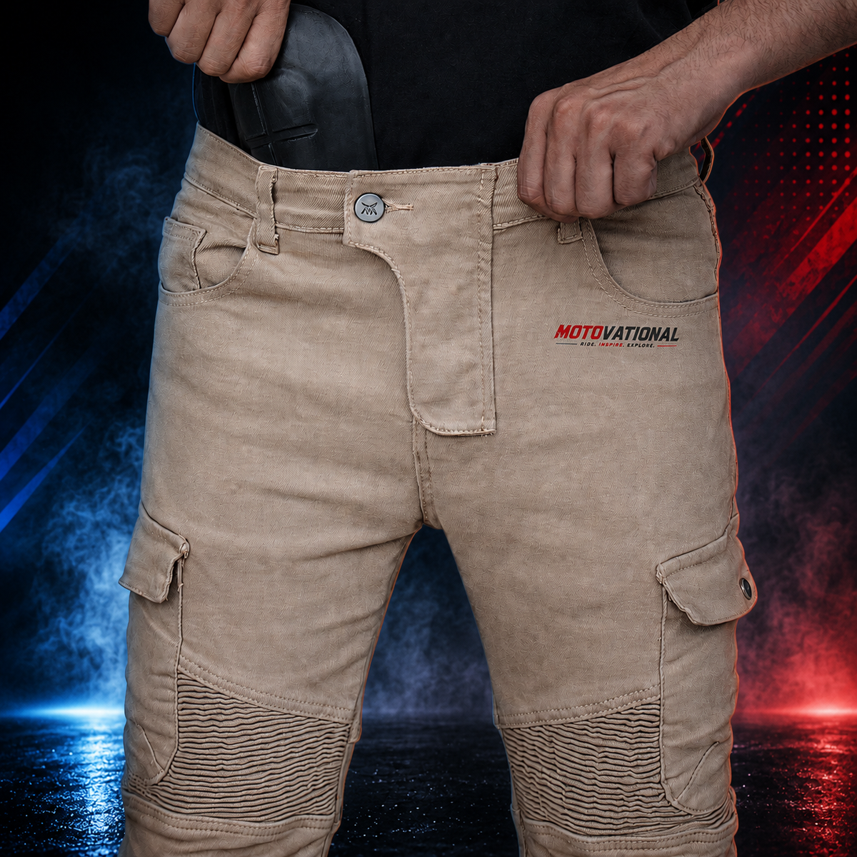 Close-up of the waistband, fly and hip logo on the sand Motovational reinforced armoured cargo pants, thigh pockets visible