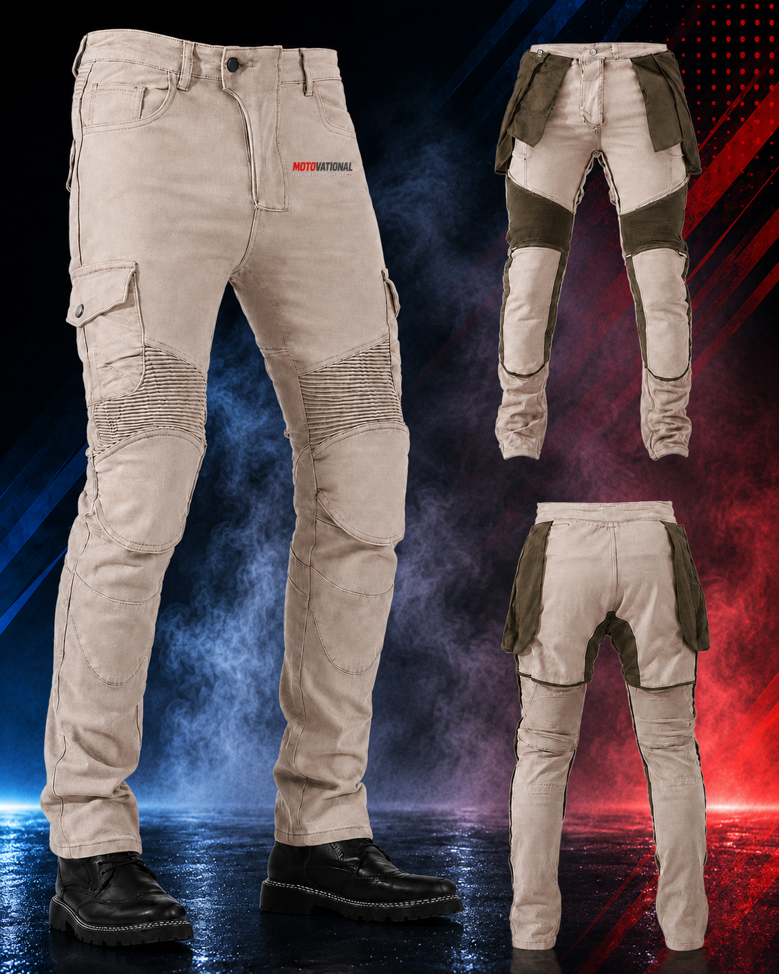 Motovational reinforced armoured cargo pants in sand: front view beside inside-out views showing hip and knee armour pockets