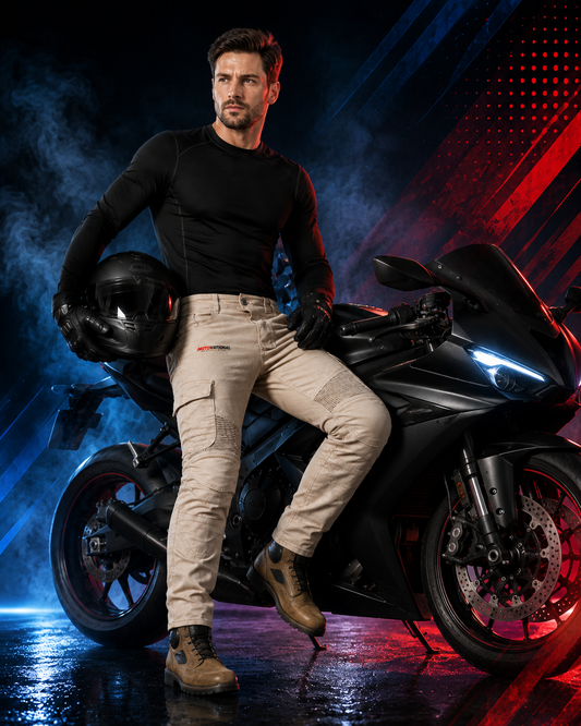 Man holding a helmet and sitting on a sports motorcycle wearing the Motovational reinforced armoured cargo pants in sand