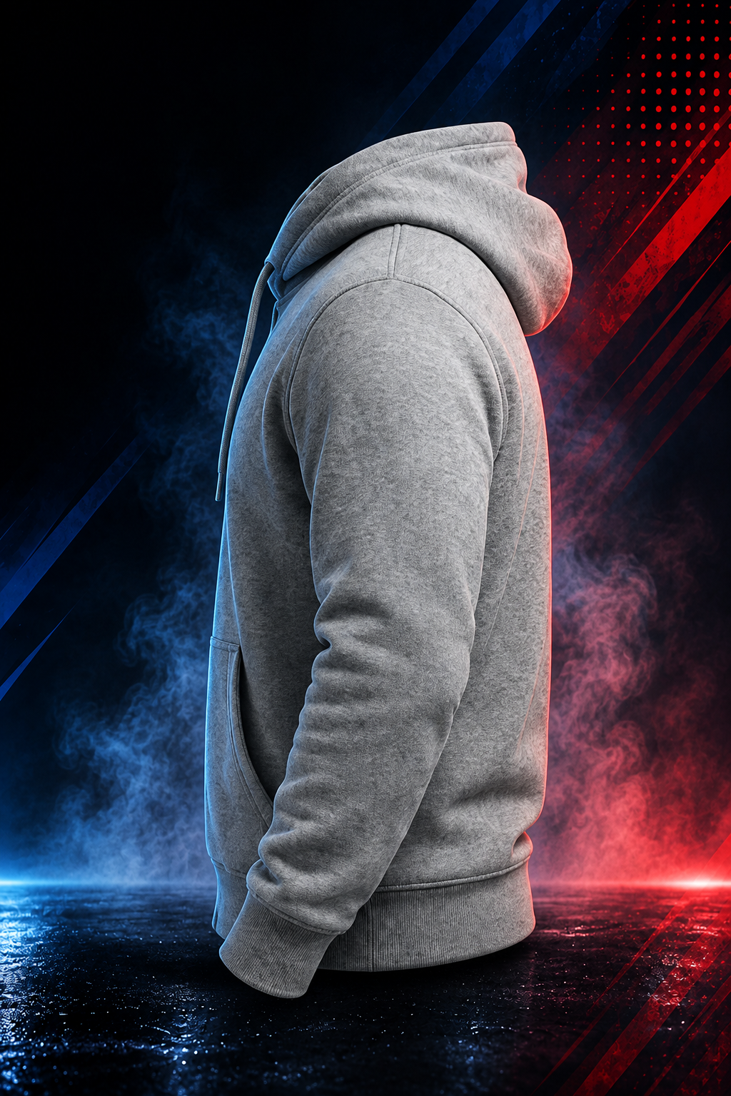 Side view of the Motovational zip-up hoodie in Heather Grey with the hood down, showing the sleeve and ribbed cuff