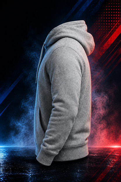 Side view of the Motovational zip-up hoodie in Heather Grey with the hood down, showing the sleeve and ribbed cuff