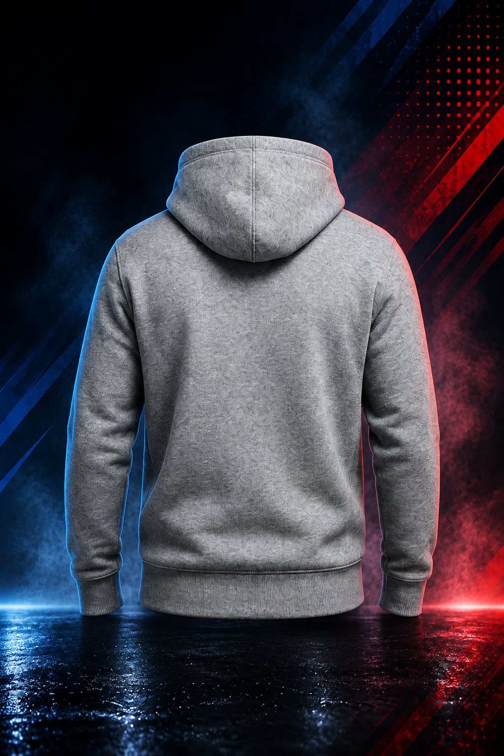 Back view of the Motovational zip-up hoodie in Heather Grey with the hood down and a plain back panel