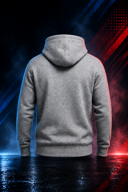 Back view of the Motovational zip-up hoodie in Heather Grey with the hood down and a plain back panel