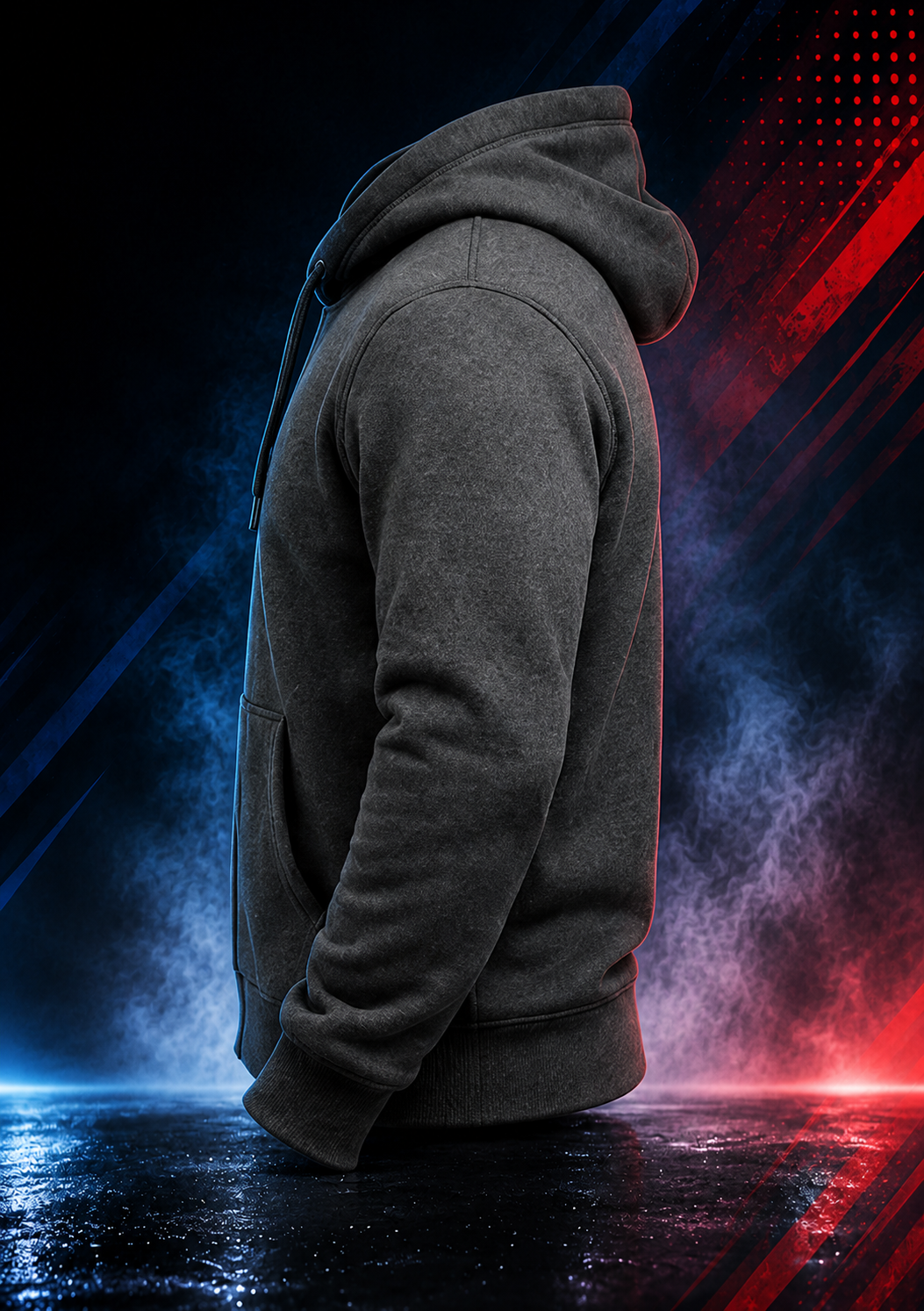 Side view of the Motovational zip-up hoodie in Charcoal Grey with the hood down, showing the sleeve and ribbed cuff