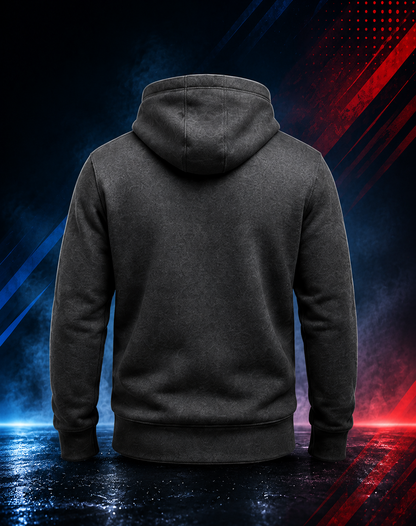 Back view of the Motovational zip-up hoodie in Charcoal Grey with the hood down and a plain back panel