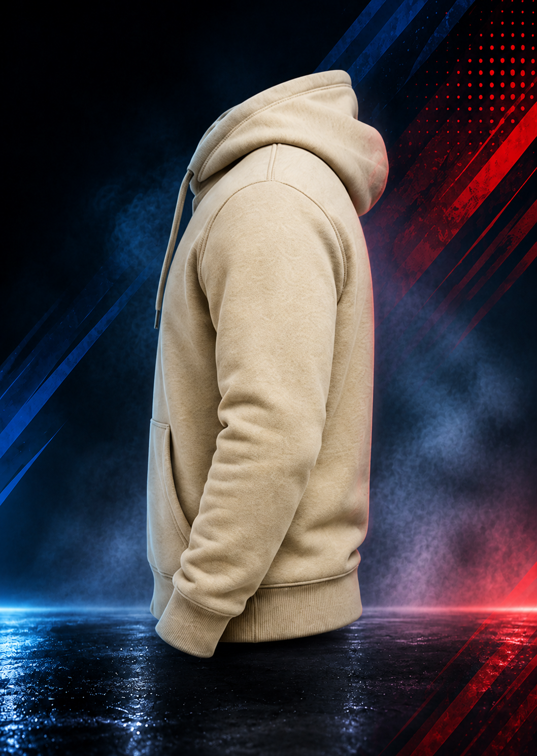 Side view of the Motovational zip-up hoodie in Beige with the hood down, showing the sleeve and ribbed cuff