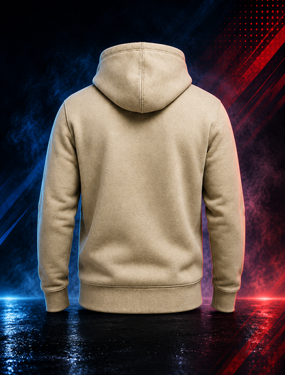 Back view of the Motovational zip-up hoodie in Beige with the hood down and a plain back panel