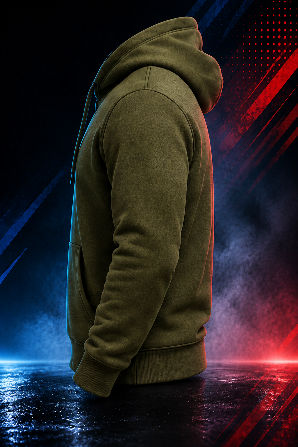 Side view of the Motovational zip-up hoodie in Deep Olive with the hood down, showing the sleeve and ribbed cuff