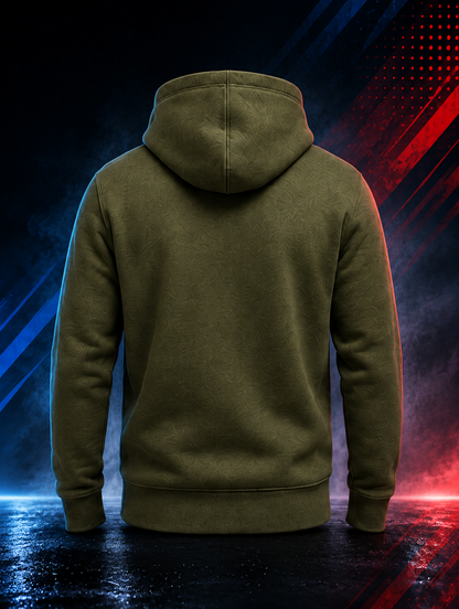 Back view of the Motovational zip-up hoodie in Deep Olive with the hood down and a plain back panel