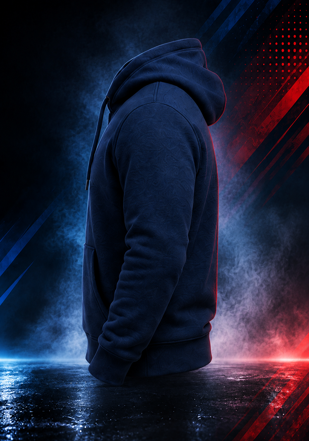 Side view of the Motovational zip-up hoodie in Navy Blue with the hood down, showing the sleeve and ribbed cuff