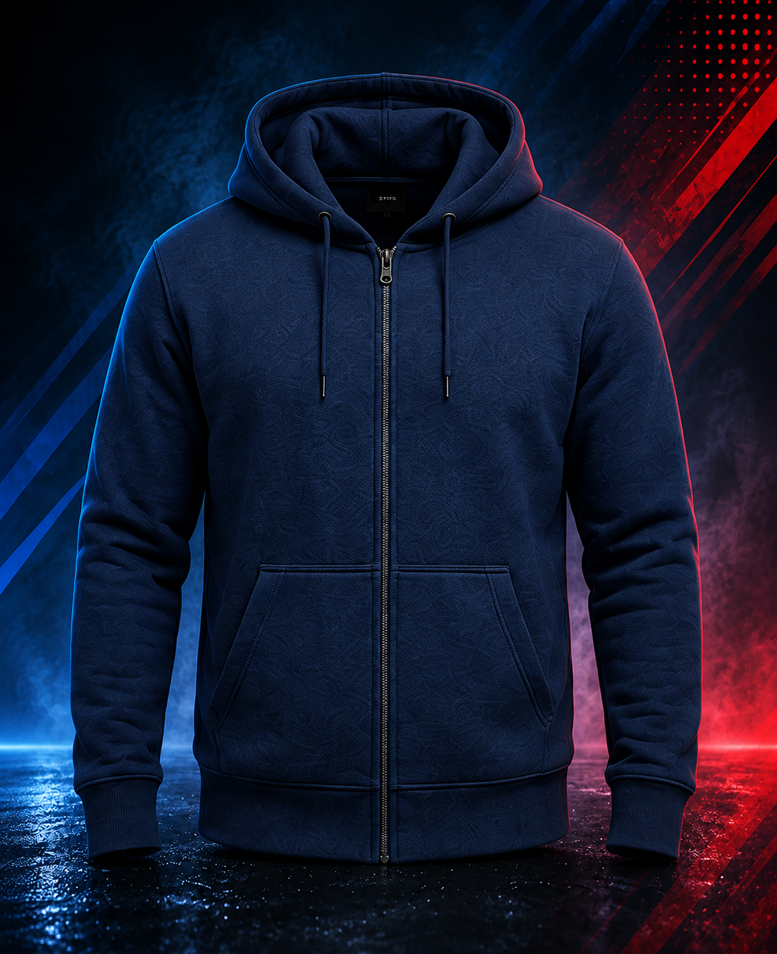 Front view of the Motovational zip-up hoodie in Navy Blue, zipped up with the hood down, drawstrings and front pockets