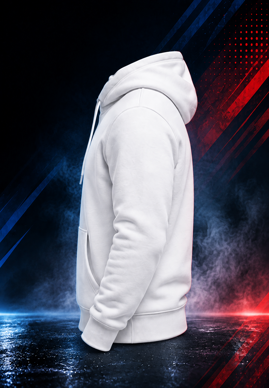 Side view of the Motovational zip-up hoodie in True White with the hood down, showing the sleeve and ribbed cuff