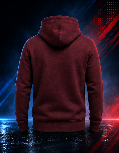 Back view of the Motovational zip-up hoodie in Burgundy with the hood down and a plain back panel
