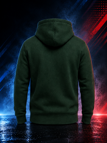 Rear view of the Motovational zip-up hoodie in Forest Green showing the hood, shoulders and ribbed waistband