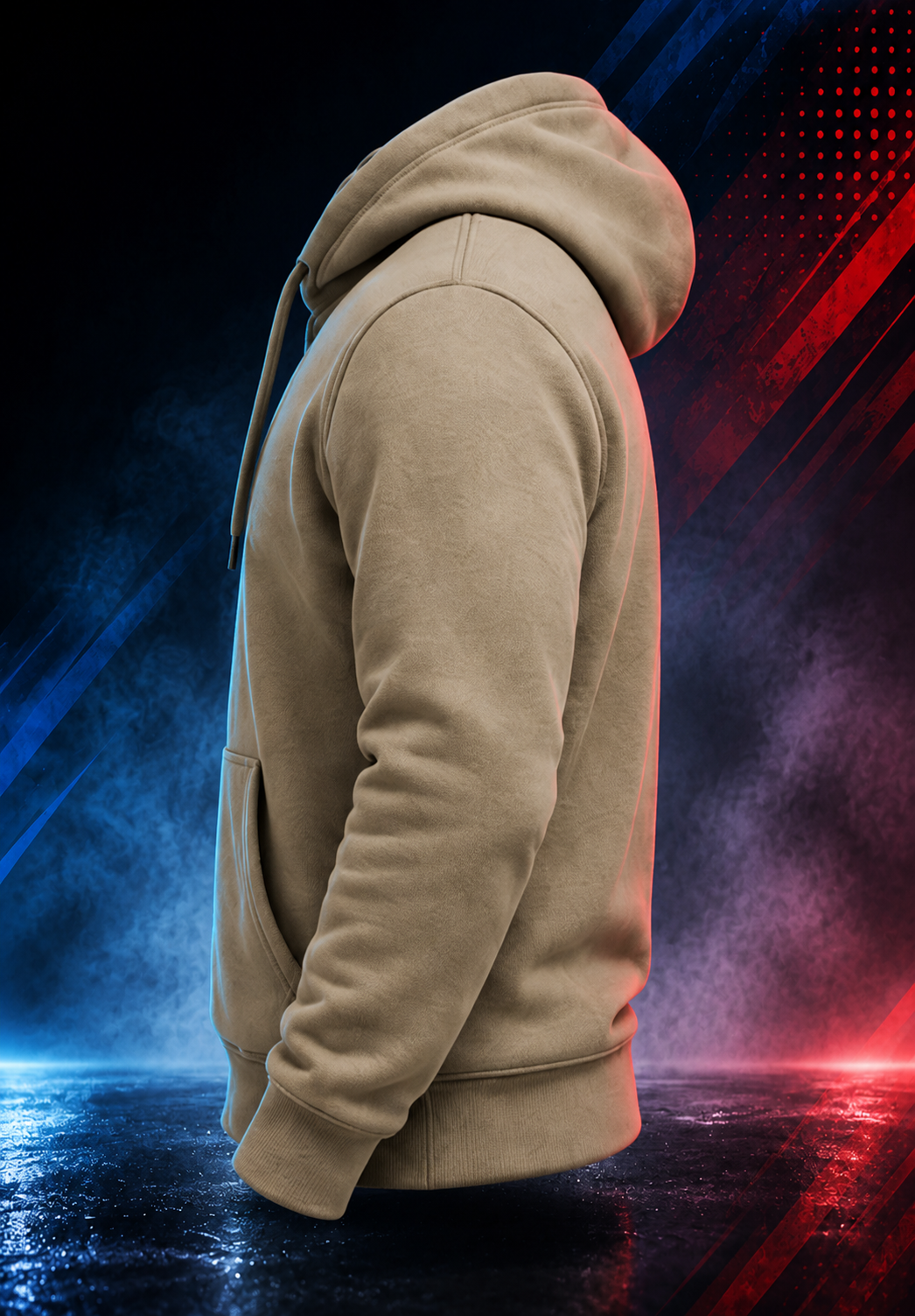 Side view of the Motovational zip-up hoodie in Taupe with the hood down, showing the sleeve and ribbed cuff