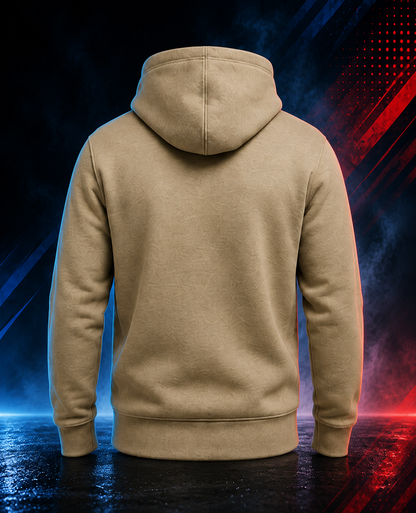 Back view of the Motovational zip-up hoodie in Taupe with the hood down and a plain back panel