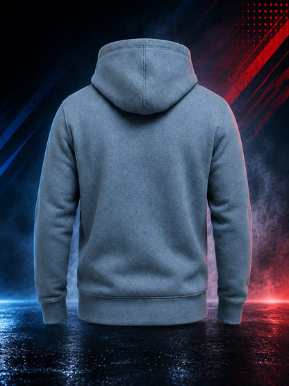 Back view of the Motovational zip-up hoodie in Steel Blue with the hood down and a plain back panel