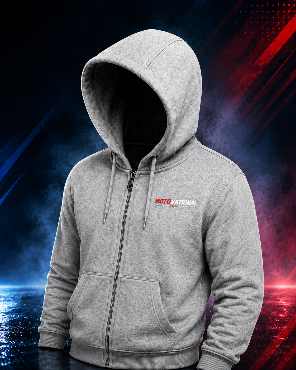 Front view of the Motovational zip-up hoodie in Heather Grey with the hood up, zipped, chest logo and front pockets