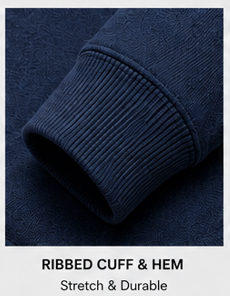 Close-up of the ribbed cuff and hem of the Motovational zip-up hoodie in Navy Blue