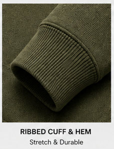 Close-up of the ribbed cuff and hem of the Motovational zip-up hoodie in Deep Olive
