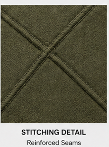 Close-up of the cross-stitched seam detail on the Motovational zip-up hoodie in Deep Olive