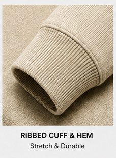 Close-up of the ribbed cuff and hem of the Motovational zip-up hoodie in Beige