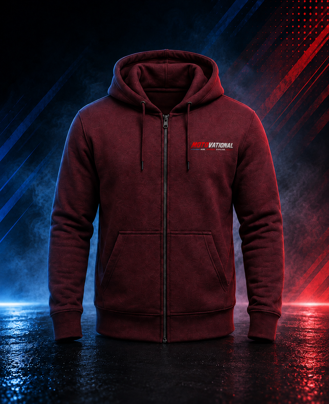Front view of the Motovational zip-up hoodie in Burgundy, zipped, hood down, with chest logo and two front pockets