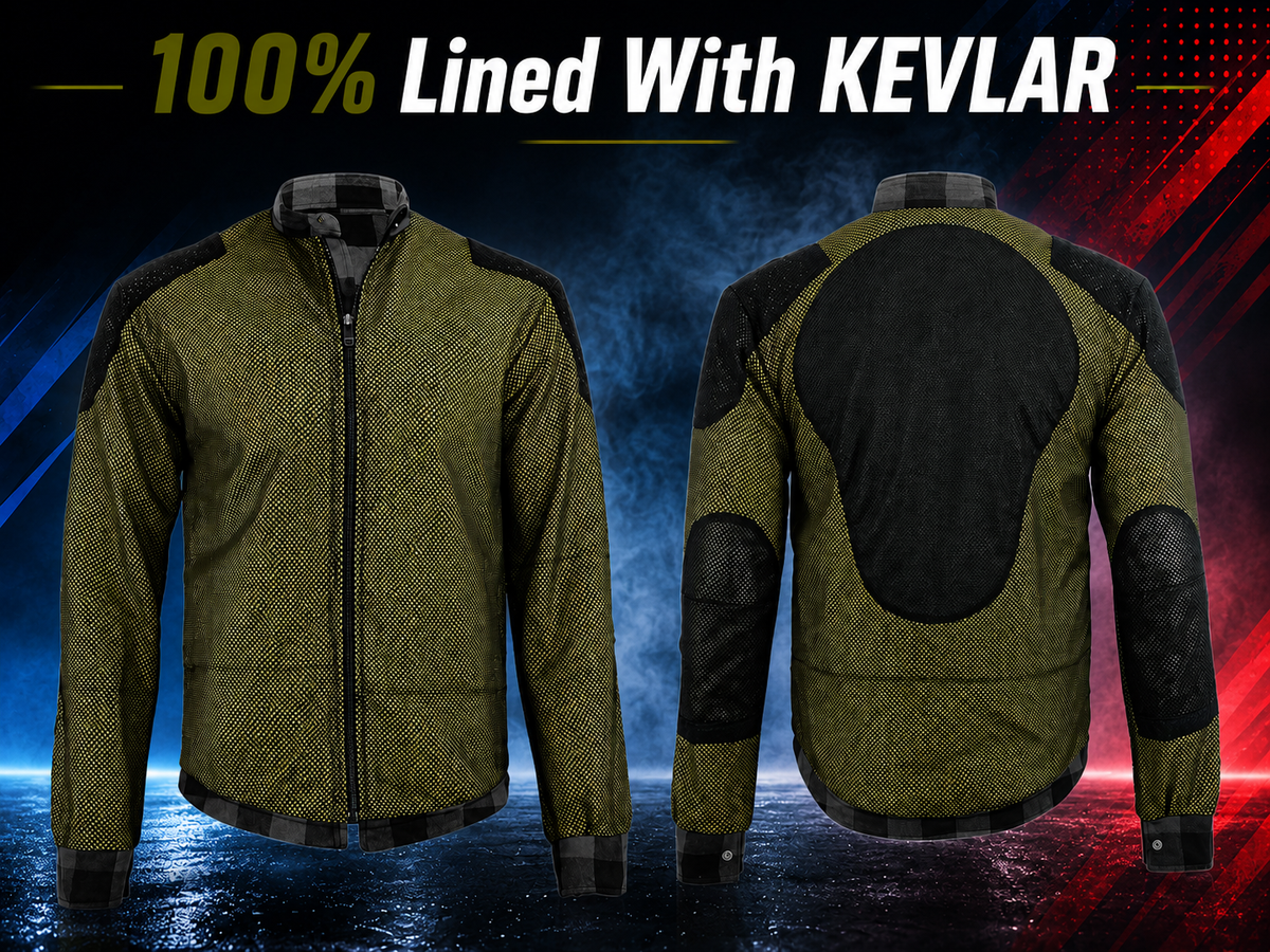 Motovational Kevlar flannel shirt inside out, showing the aramid lining and black shoulder, elbow and back armour pockets