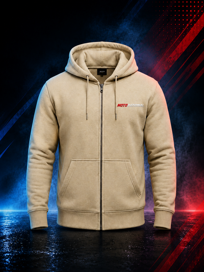 Front view of the Motovational zip-up hoodie in Beige, zipped, hood down, with chest logo and two front pockets