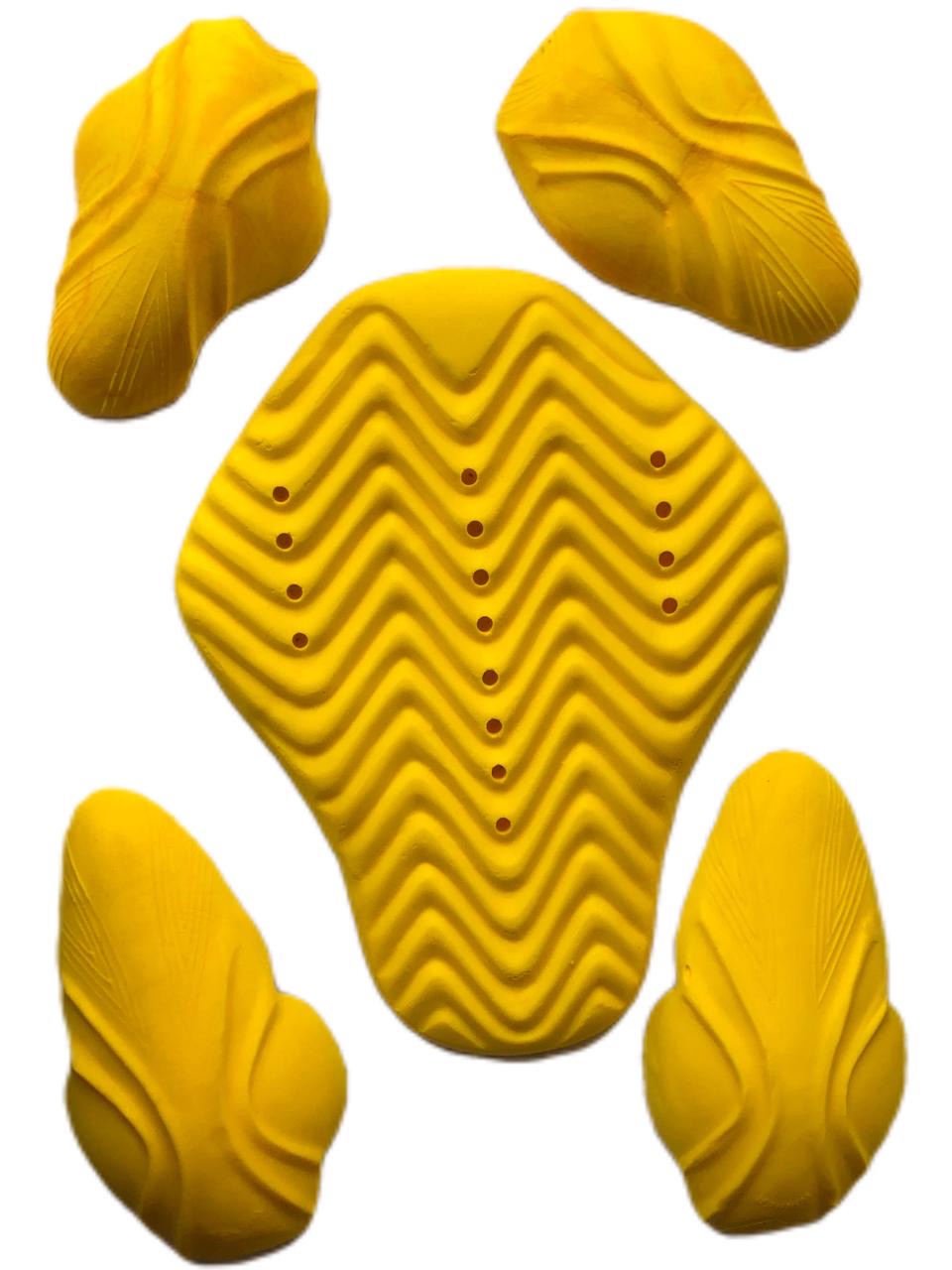 Motovational Scorpion Level 2 armour set laid flat: yellow ridged back protector with four contoured shoulder and elbow pads