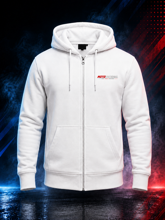 Front view of the Motovational zip-up hoodie in True White, zipped, hood down, with chest logo and two front pockets