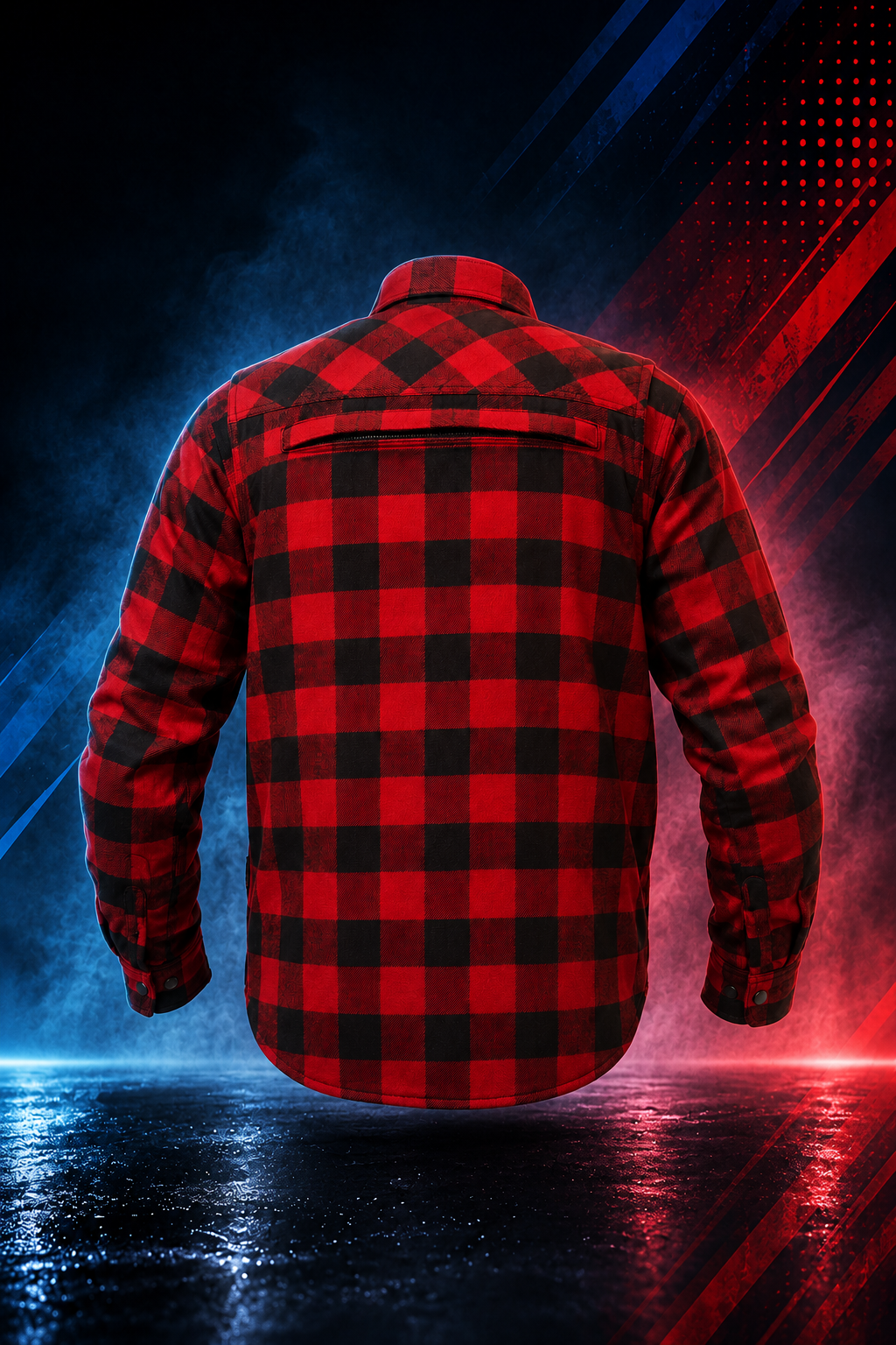 Back view of the Motovational Kevlar-lined red and black check flannel shirt showing the back yoke