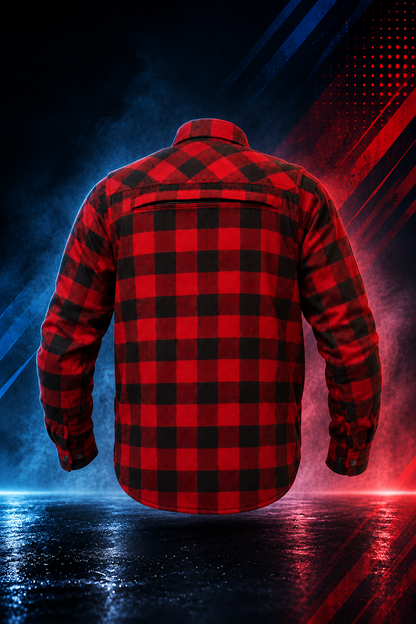 Back view of the Motovational Kevlar-lined red and black check flannel shirt showing the back yoke