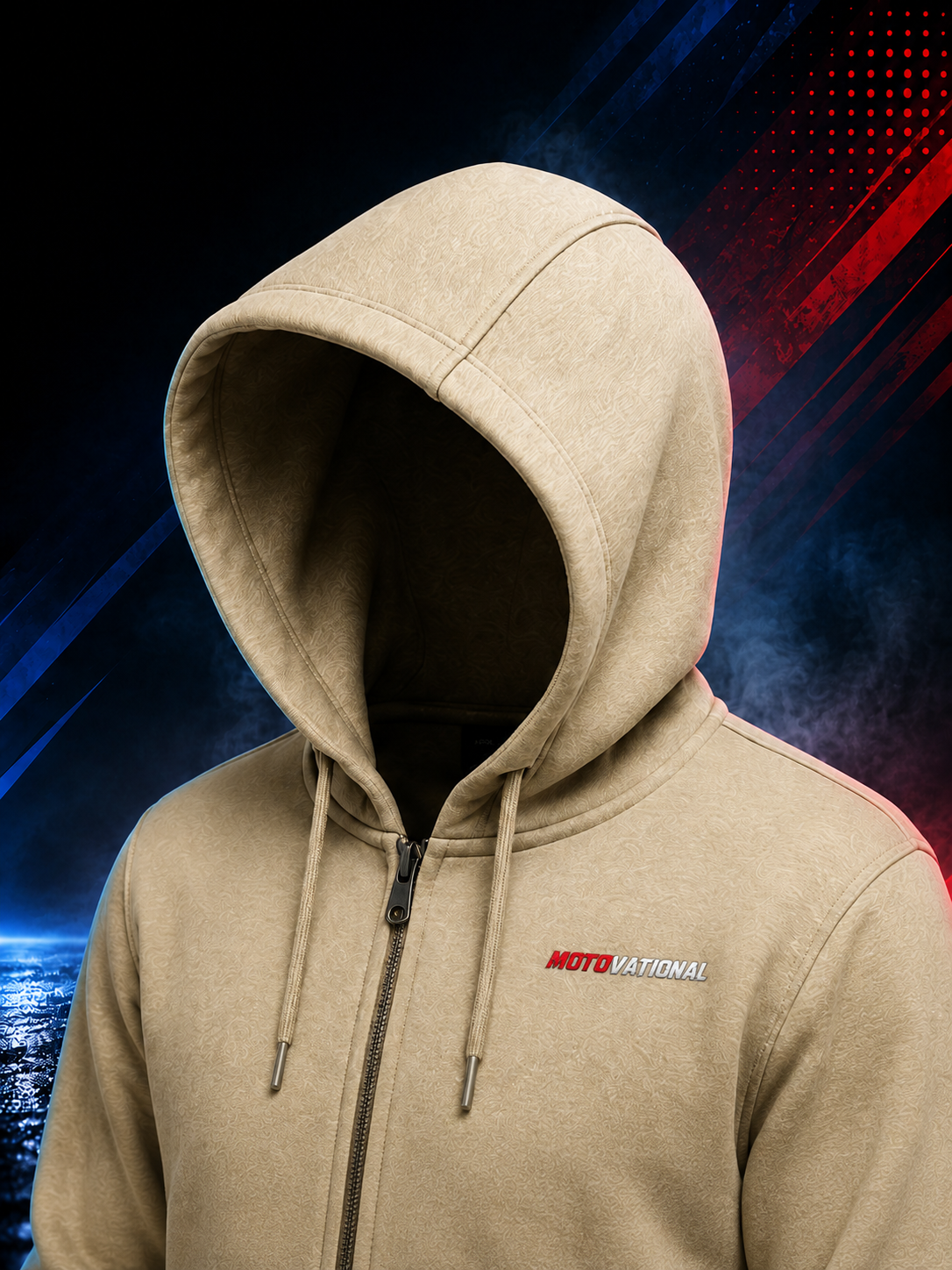 Close-up of the Motovational zip-up hoodie in Beige with the hood up, showing drawstrings, zip and chest logo