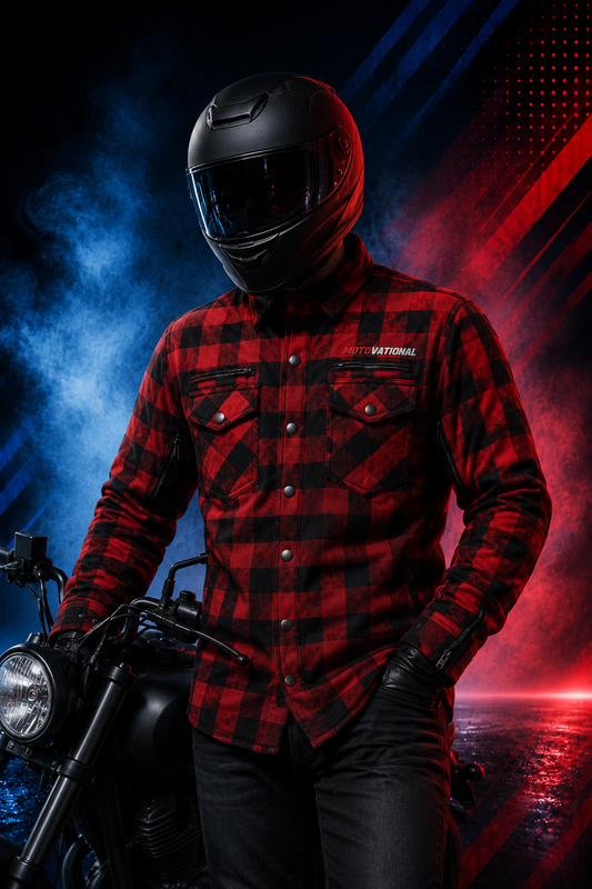 Rider in a black full-face helmet wearing the Motovational Kevlar-lined red flannel shirt beside a motorcycle