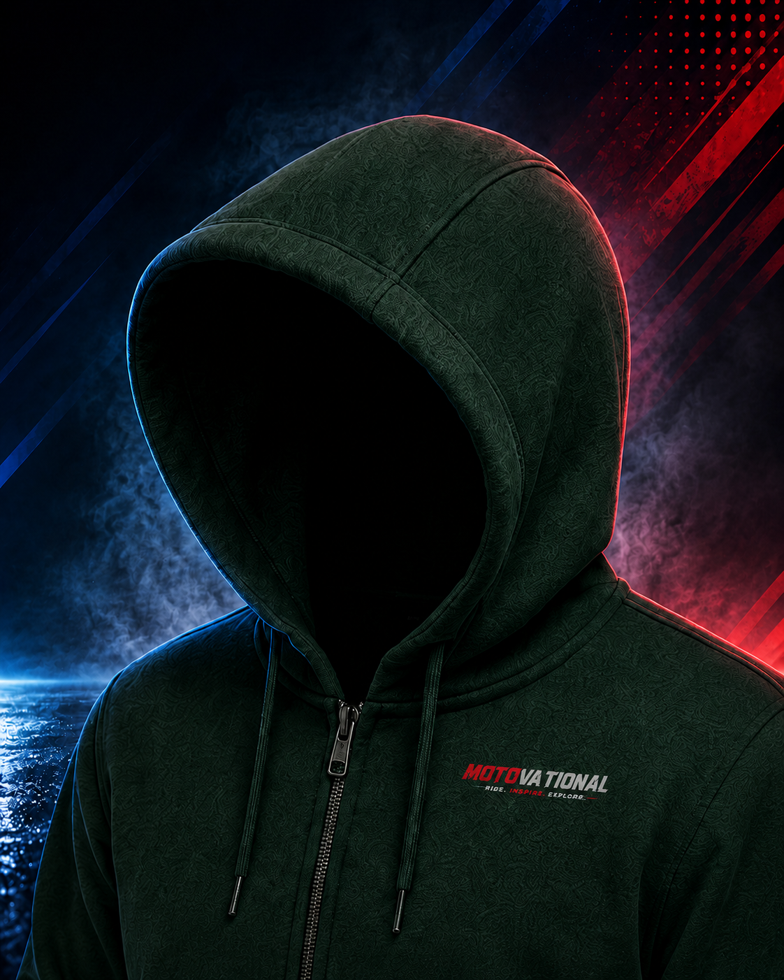 Close-up of the Motovational zip-up hoodie in Forest Green with the hood up, showing drawstrings, zip and chest logo