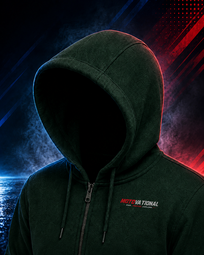 Close-up of the Motovational zip-up hoodie in Forest Green with the hood up, showing drawstrings, zip and chest logo