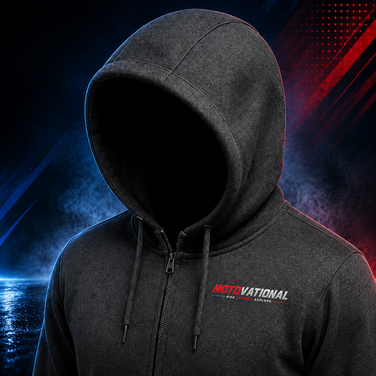 Close-up of the Motovational zip-up hoodie in Charcoal Grey with the hood up, showing drawstrings, zip and chest logo