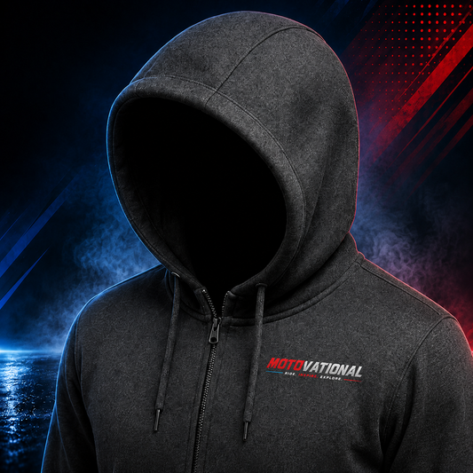 Close-up of the Motovational zip-up hoodie in Charcoal Grey with the hood up, showing drawstrings, zip and chest logo