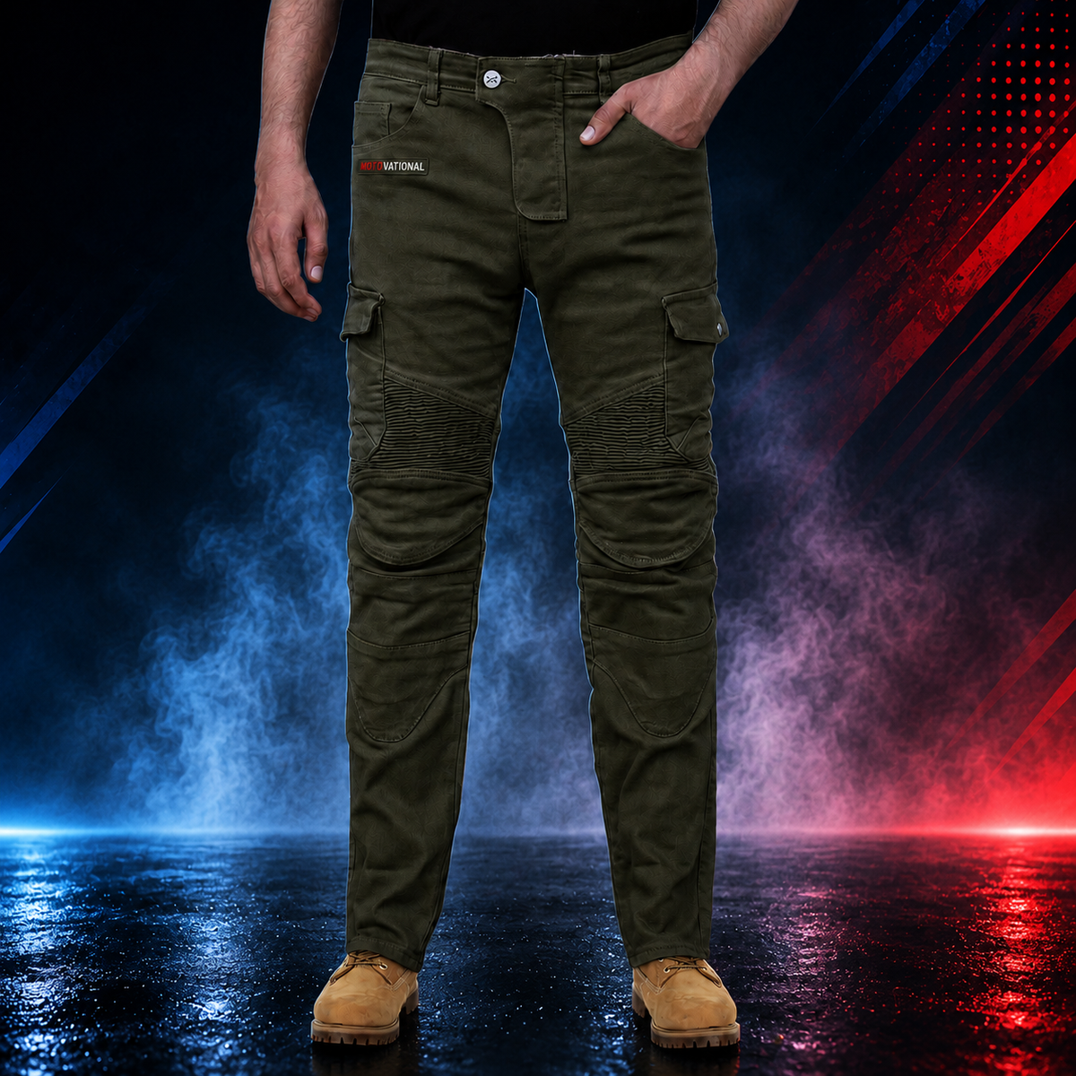 Front view of the Motovational armoured motorcycle cargo pants in olive green worn with tan boots, thigh cargo pockets