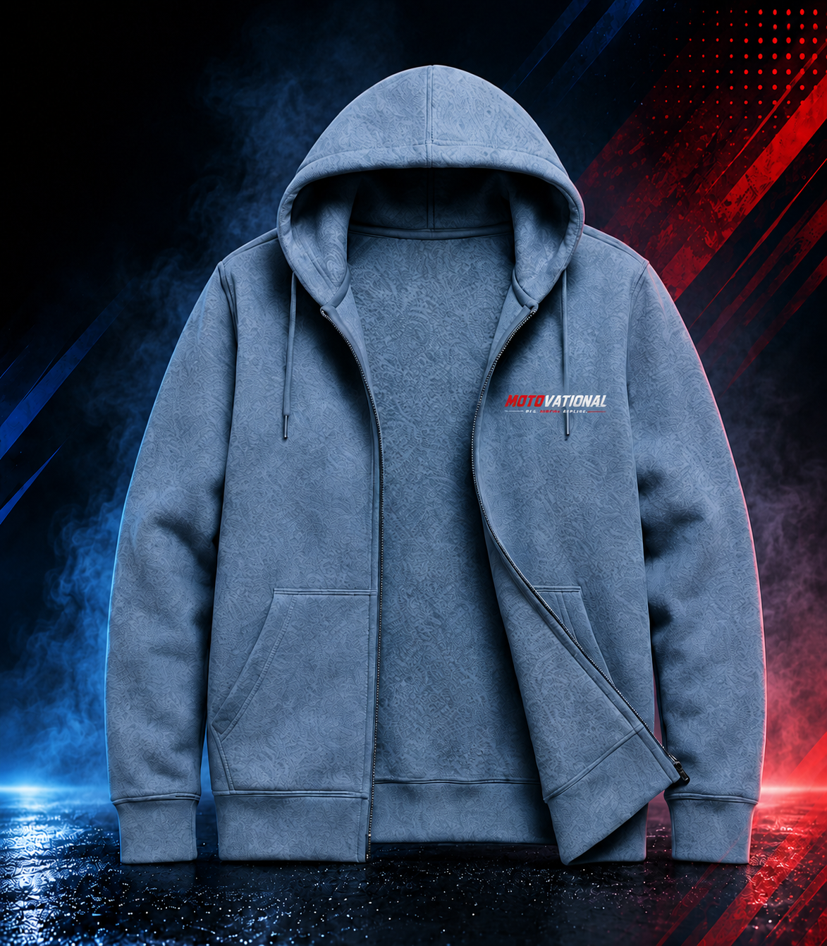 Front view of the Motovational zip-up hoodie in Steel Blue, unzipped to show the inner lining, hood down