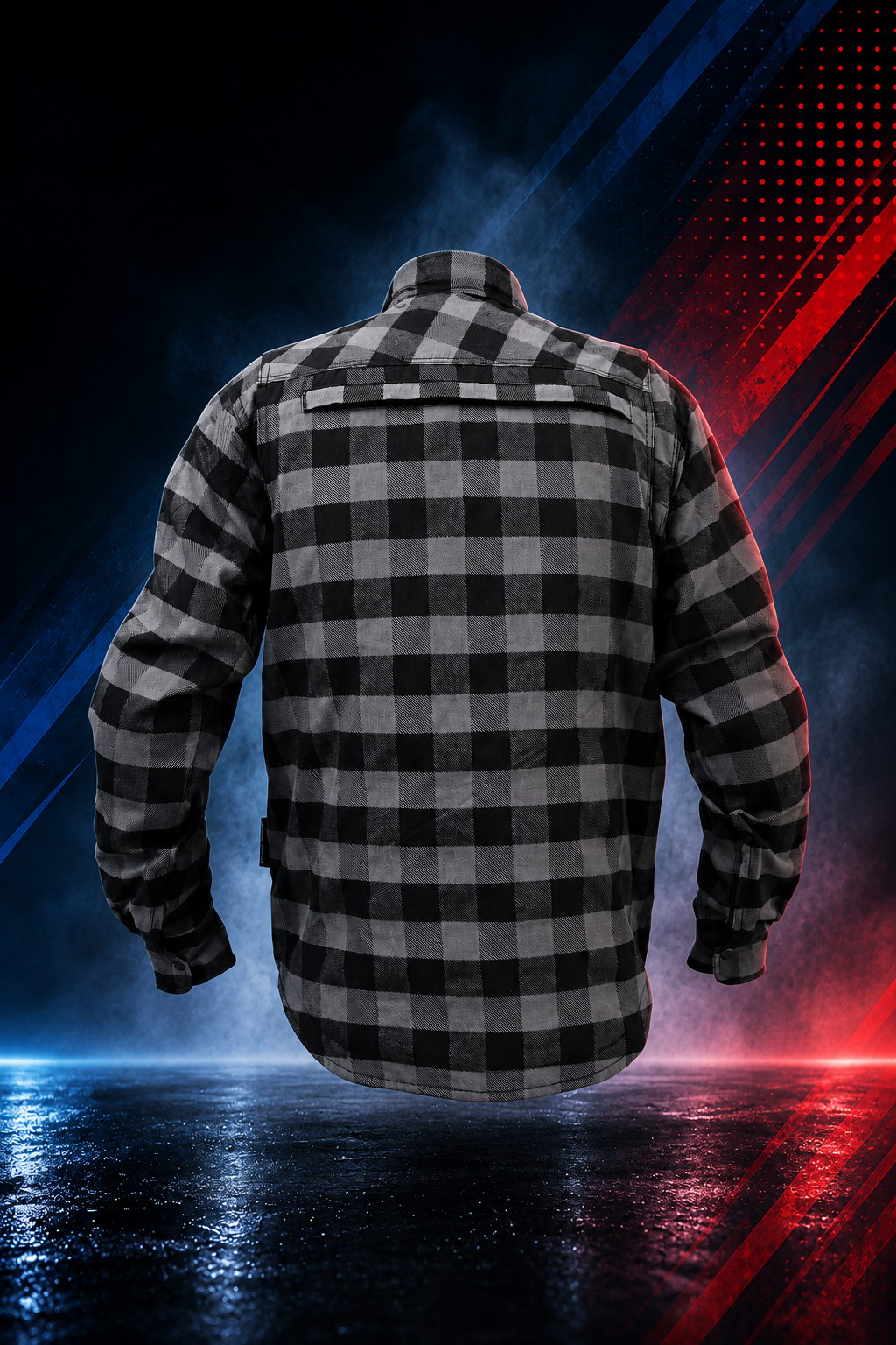 Back view of the Motovational Kevlar-lined grey-black check flannel shirt showing the back yoke and long sleeves